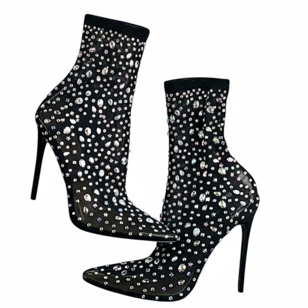 Azalea Wang Elegant Black Stiletto Ankle Mesh Sock Booties with Rhinestones